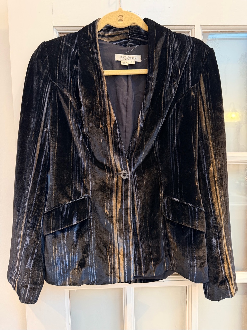 Kay Unger New York Chic Navy Brown Glamorous Velvet Silk Blazer Jacket Size 6